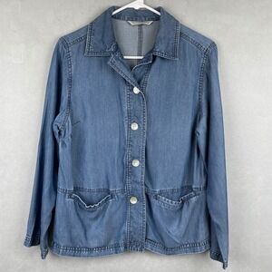 French Laundry Blue Denim Chore Jacket Button Down Collared Patch Pockets M Read